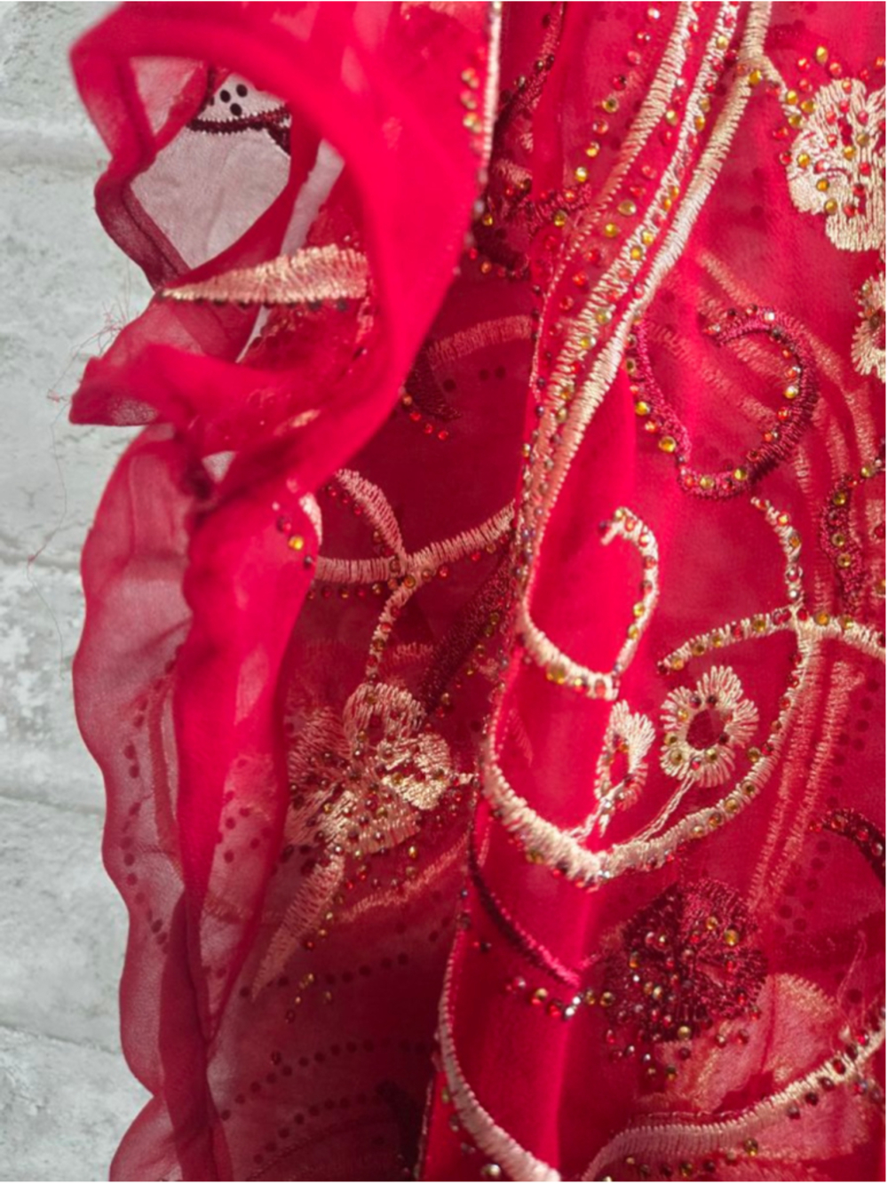Red Gold Embroidered Kaftan or Cover Up completely sheer - Picture 6 of 9